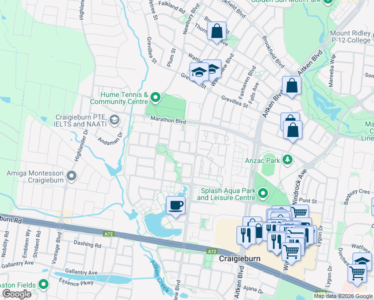 map of restaurants, bars, coffee shops, grocery stores, and more near 73 Bellfield Drive in Craigieburn