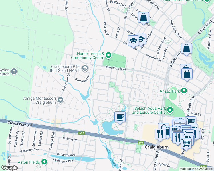 map of restaurants, bars, coffee shops, grocery stores, and more near 33 Bellfield Drive in Craigieburn