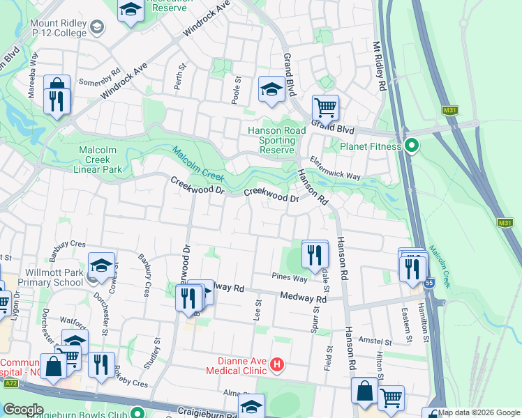map of restaurants, bars, coffee shops, grocery stores, and more near 11 Leawood Glade in Craigieburn