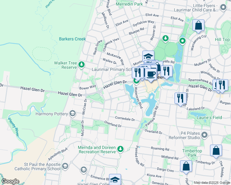 map of restaurants, bars, coffee shops, grocery stores, and more near 14 Montrose Drive in Doreen