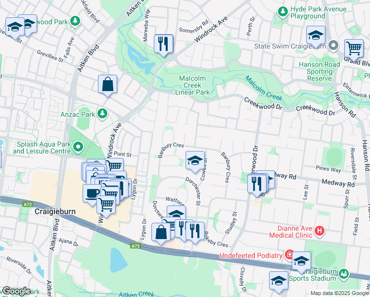 map of restaurants, bars, coffee shops, grocery stores, and more near 61 Banbury Crescent in Craigieburn