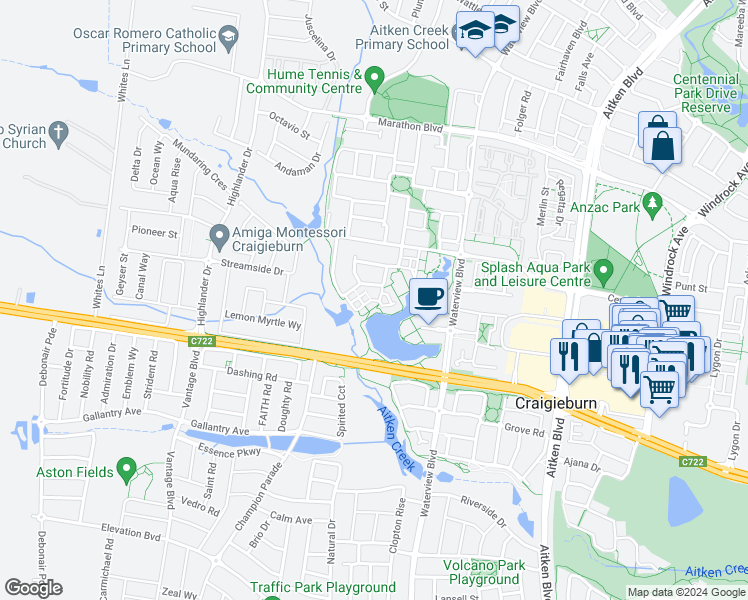 map of restaurants, bars, coffee shops, grocery stores, and more near Bayano Way in Craigieburn
