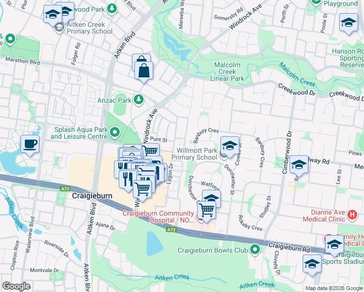 map of restaurants, bars, coffee shops, grocery stores, and more near 10 Furlong Street in Craigieburn