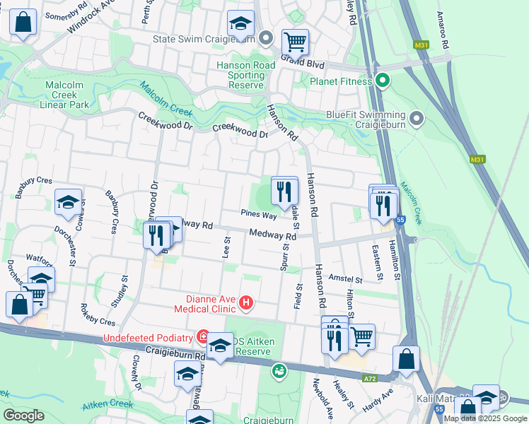 map of restaurants, bars, coffee shops, grocery stores, and more near 16 Pines Way in Craigieburn
