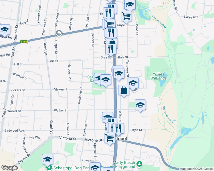 map of restaurants, bars, coffee shops, grocery stores, and more near 104 Vickers Street in Sebastopol