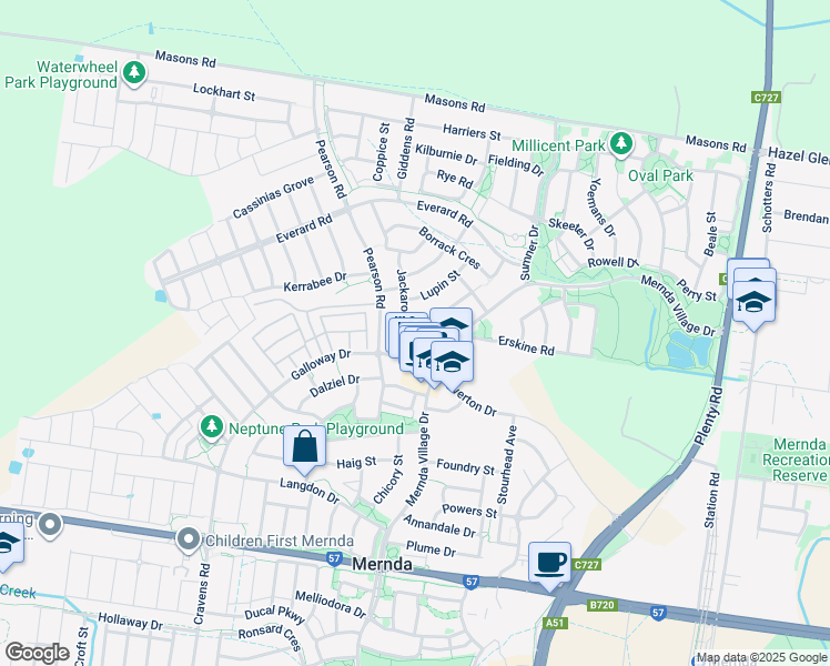 map of restaurants, bars, coffee shops, grocery stores, and more near 45 McCubbin Way in Mernda