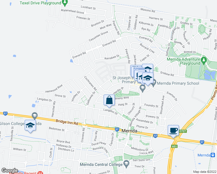 map of restaurants, bars, coffee shops, grocery stores, and more near 42 Dalziel Drive in Mernda