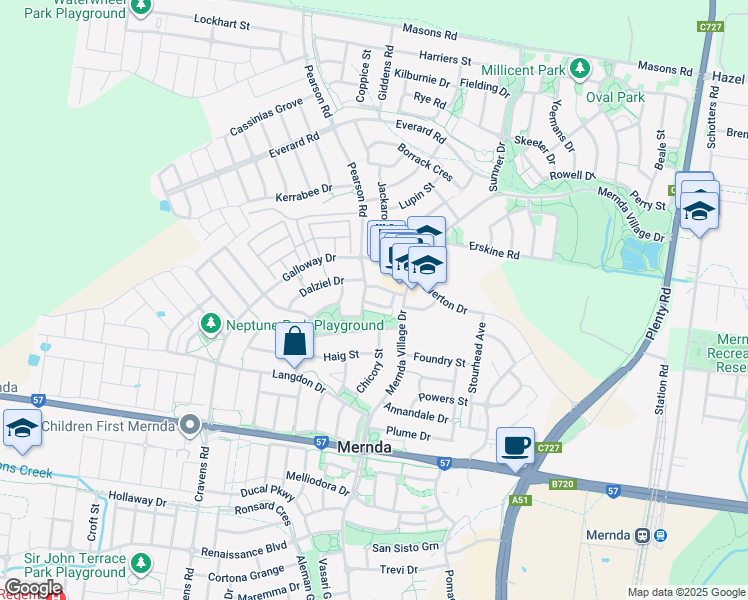 map of restaurants, bars, coffee shops, grocery stores, and more near LOT H Kalkallo Road in Mernda