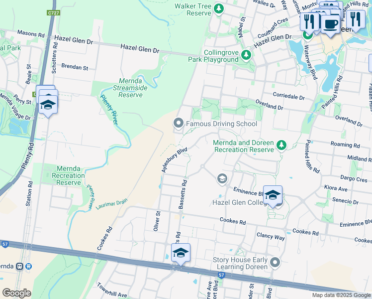 map of restaurants, bars, coffee shops, grocery stores, and more near Aylesbury Boulevard in Doreen