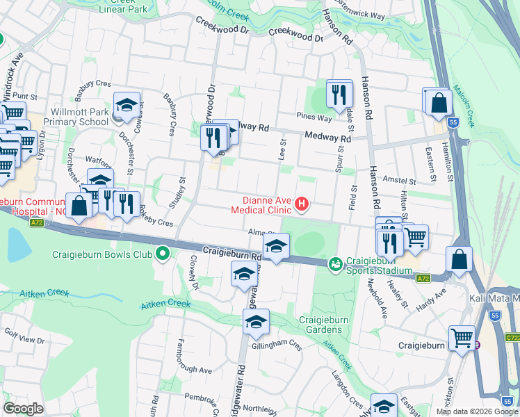 map of restaurants, bars, coffee shops, grocery stores, and more near 74 Dianne Avenue in Craigieburn