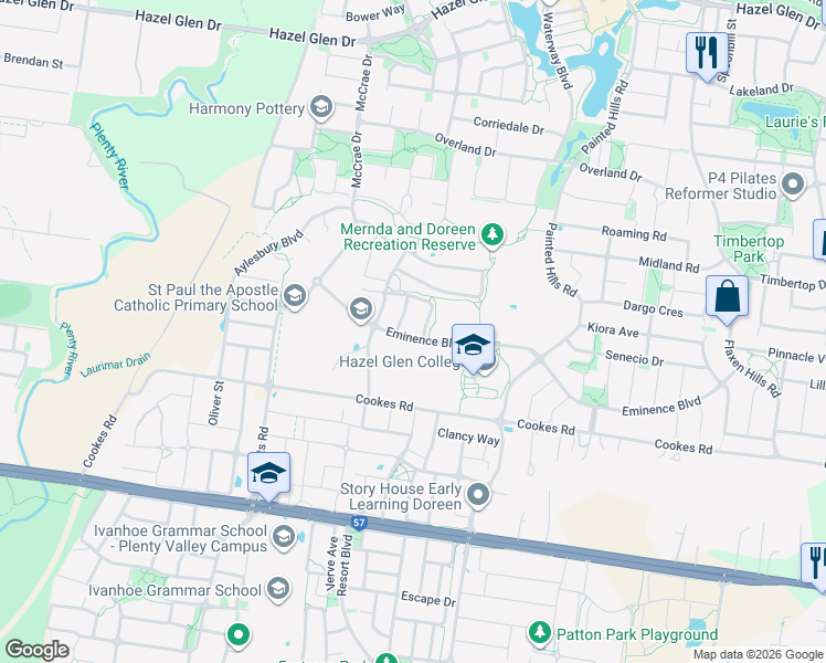 map of restaurants, bars, coffee shops, grocery stores, and more near 114 Eminence Boulevard in Doreen