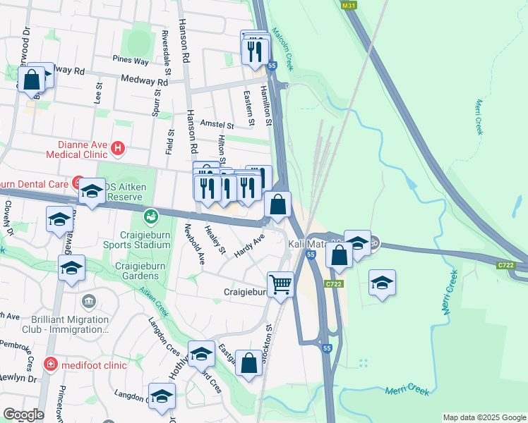 map of restaurants, bars, coffee shops, grocery stores, and more near 8 Craigieburn Road in Craigieburn