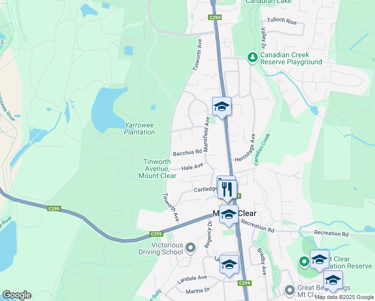 map of restaurants, bars, coffee shops, grocery stores, and more near 18 Bacchus Road in Mount Clear