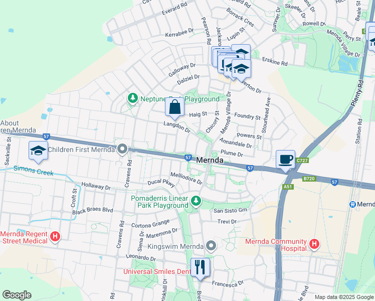 map of restaurants, bars, coffee shops, grocery stores, and more near 18 Riordan Crescent in Mernda