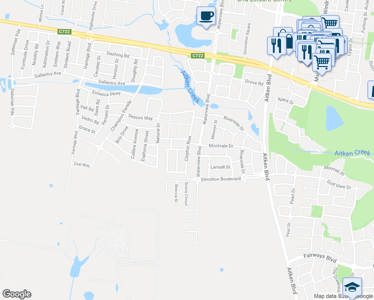 map of restaurants, bars, coffee shops, grocery stores, and more near Baronial Way in Craigieburn