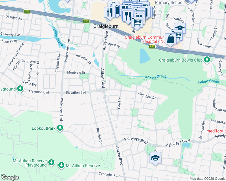 map of restaurants, bars, coffee shops, grocery stores, and more near 111 Golf View Drive in Craigieburn
