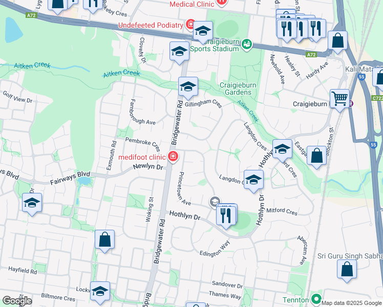 map of restaurants, bars, coffee shops, grocery stores, and more near 12 Northleigh Avenue in Craigieburn