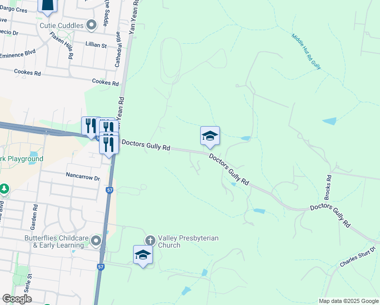 map of restaurants, bars, coffee shops, grocery stores, and more near 60 Doctors Gully Road in Doreen