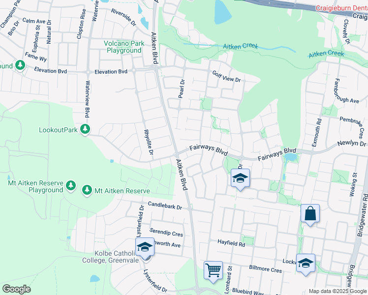 map of restaurants, bars, coffee shops, grocery stores, and more near 94 Fairways Boulevard in Craigieburn
