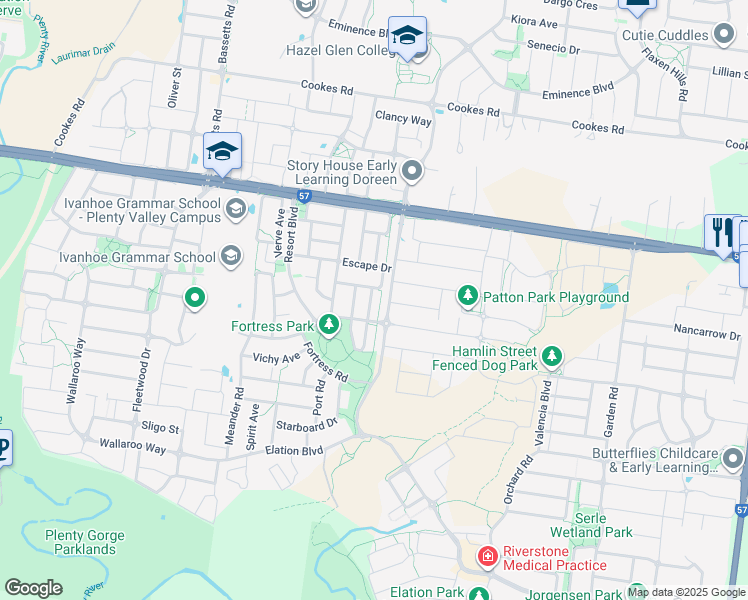 map of restaurants, bars, coffee shops, grocery stores, and more near 13 Flicker Lane in Doreen