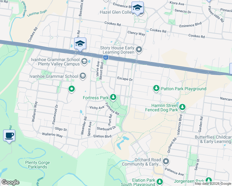 map of restaurants, bars, coffee shops, grocery stores, and more near 55 Fortress Road in Doreen