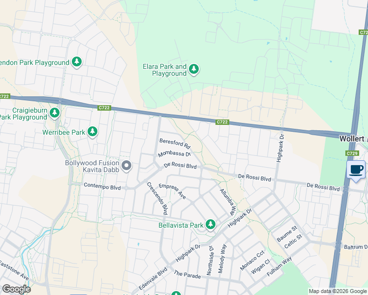 map of restaurants, bars, coffee shops, grocery stores, and more near 28 Beresford Road in Wollert