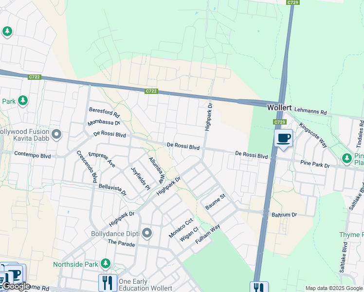 map of restaurants, bars, coffee shops, grocery stores, and more near De Rossi Boulevard in Wollert