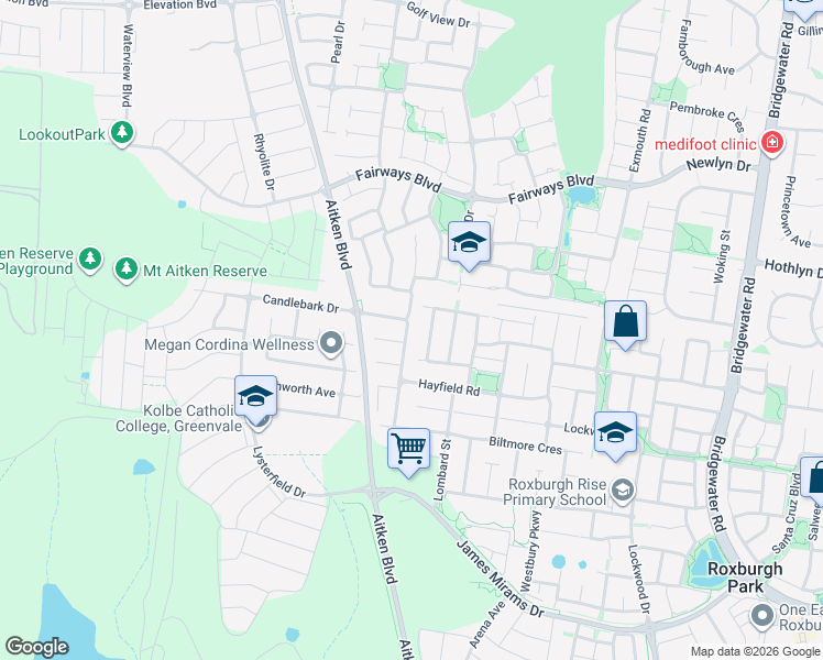 map of restaurants, bars, coffee shops, grocery stores, and more near 21A Coronet Avenue in Roxburgh Park