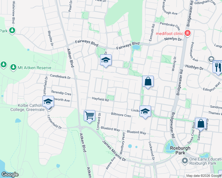 map of restaurants, bars, coffee shops, grocery stores, and more near 27 Villawood Avenue in Roxburgh Park