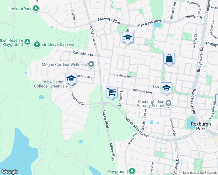map of restaurants, bars, coffee shops, grocery stores, and more near 91 Biltmore Crescent in Roxburgh Park
