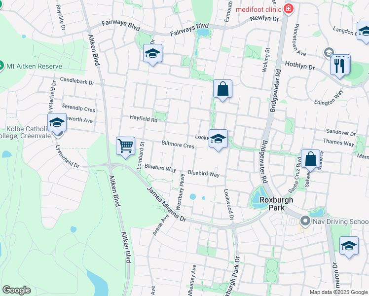 map of restaurants, bars, coffee shops, grocery stores, and more near 31 Biltmore Crescent in Roxburgh Park