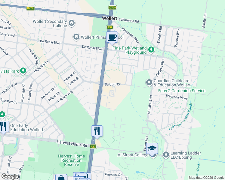 map of restaurants, bars, coffee shops, grocery stores, and more near 31A Baltrum Drive in Wollert