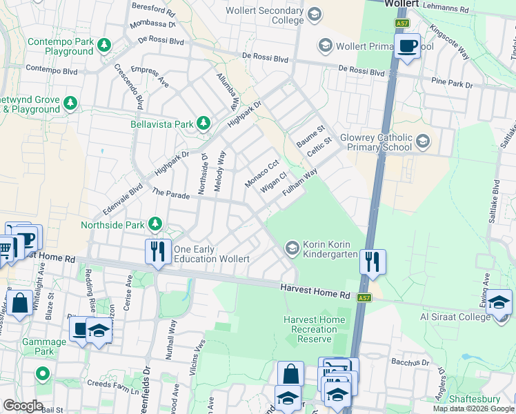 map of restaurants, bars, coffee shops, grocery stores, and more near 49 Fulham Way in Wollert