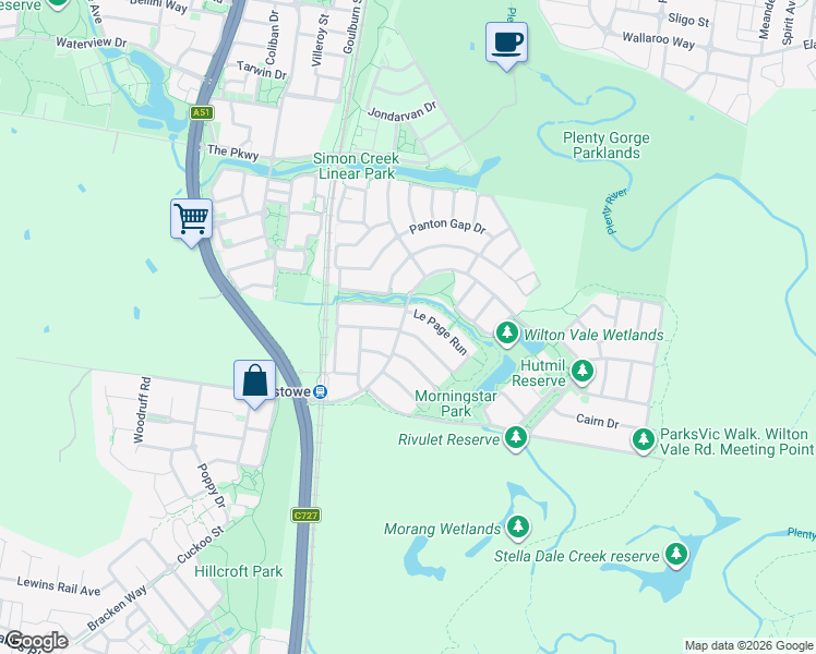 map of restaurants, bars, coffee shops, grocery stores, and more near 30 Hawkstowe Parade in South Morang