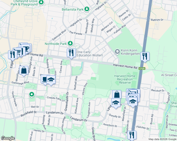 map of restaurants, bars, coffee shops, grocery stores, and more near 13 Viewgrand Boulevard in Epping
