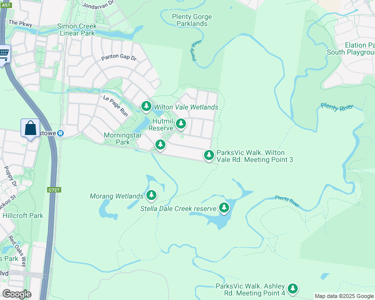 map of restaurants, bars, coffee shops, grocery stores, and more near 18 Cairn Drive in South Morang