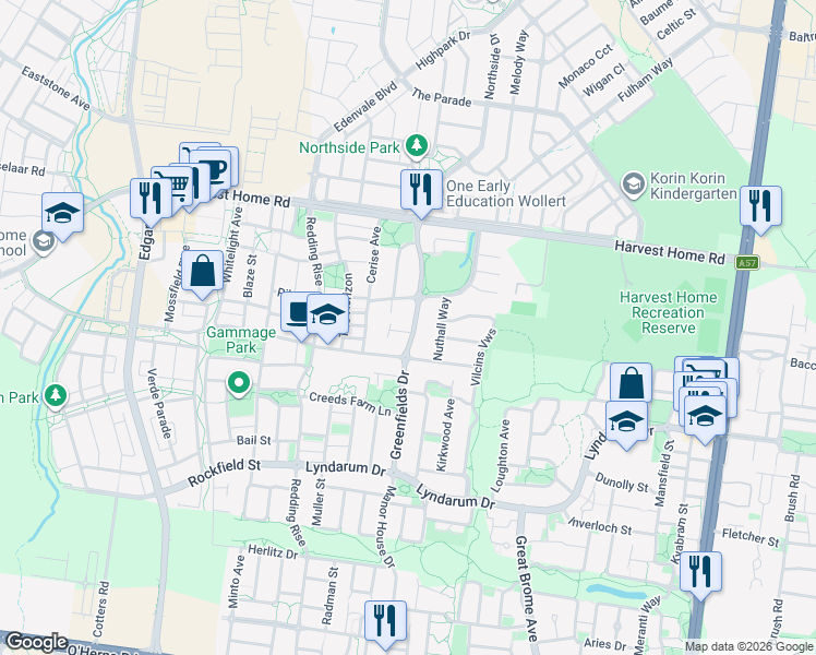 map of restaurants, bars, coffee shops, grocery stores, and more near 26 Greenfields Drive in Epping
