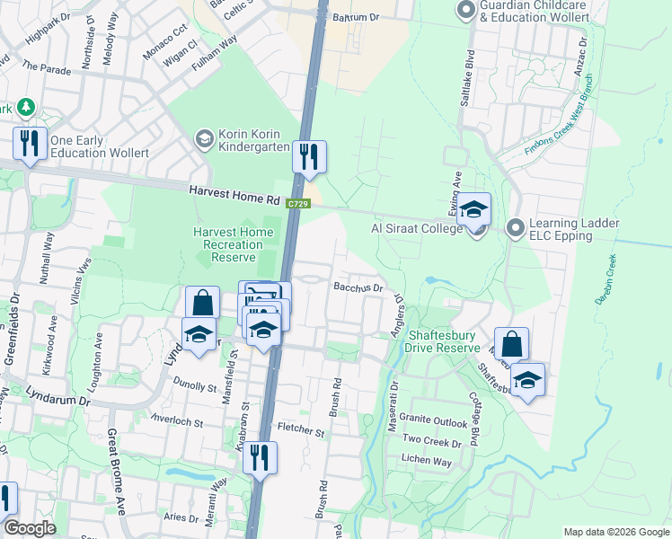 map of restaurants, bars, coffee shops, grocery stores, and more near 32 Waterlily Drive in Epping