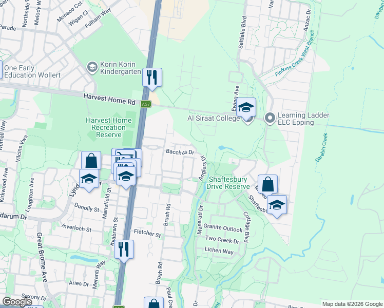 map of restaurants, bars, coffee shops, grocery stores, and more near 32 Bacchus Drive in Epping