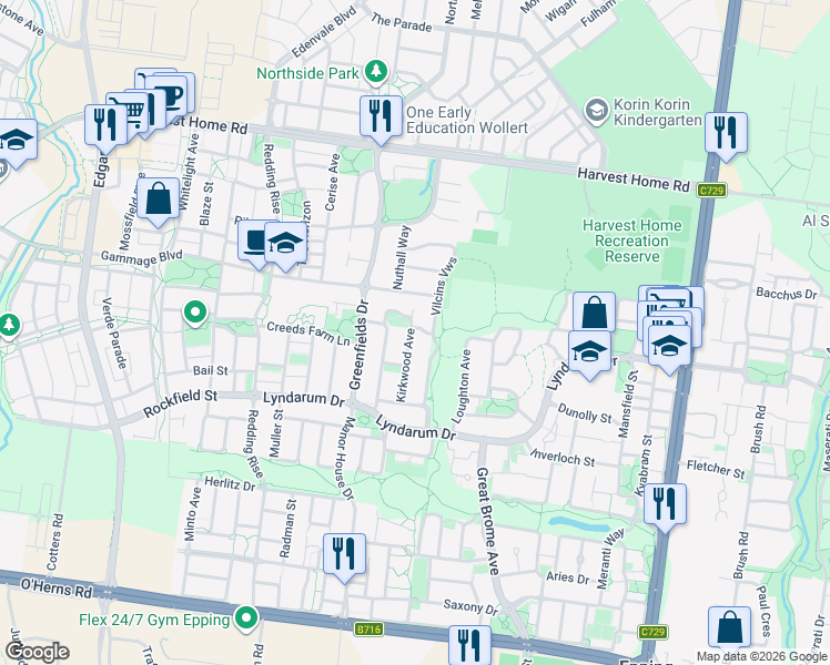 map of restaurants, bars, coffee shops, grocery stores, and more near 2 Balmoral Grove in Epping