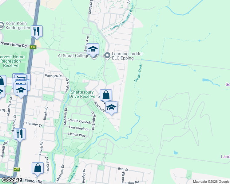 map of restaurants, bars, coffee shops, grocery stores, and more near 11 Maranatha Street in Epping