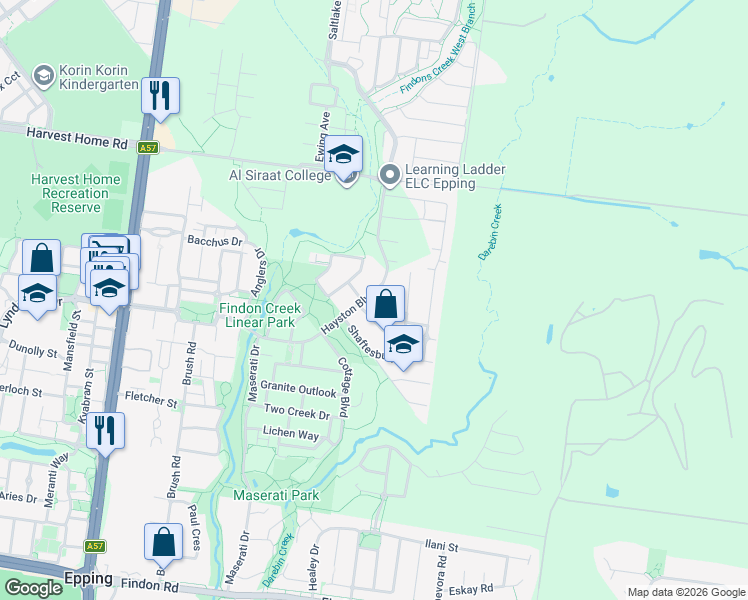 map of restaurants, bars, coffee shops, grocery stores, and more near 74 Hayston Boulevard in Epping