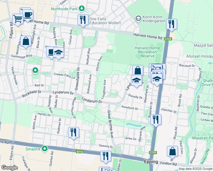 map of restaurants, bars, coffee shops, grocery stores, and more near 22 Loughton Avenue in Epping