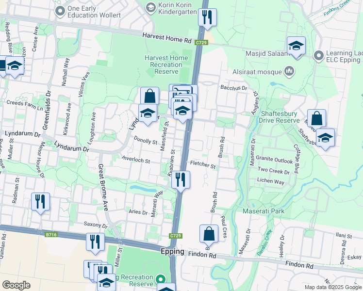 map of restaurants, bars, coffee shops, grocery stores, and more near 21 Woodcutters Grove in Epping