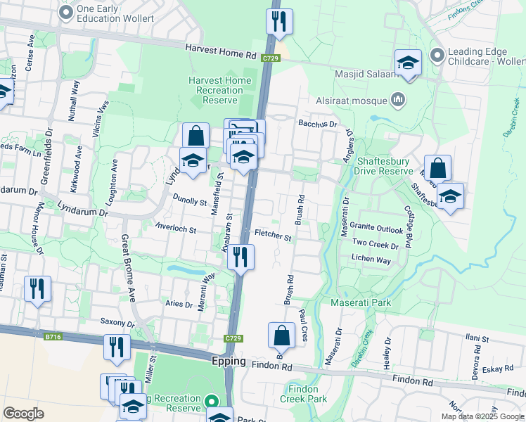 map of restaurants, bars, coffee shops, grocery stores, and more near 82 Epping Road in Epping