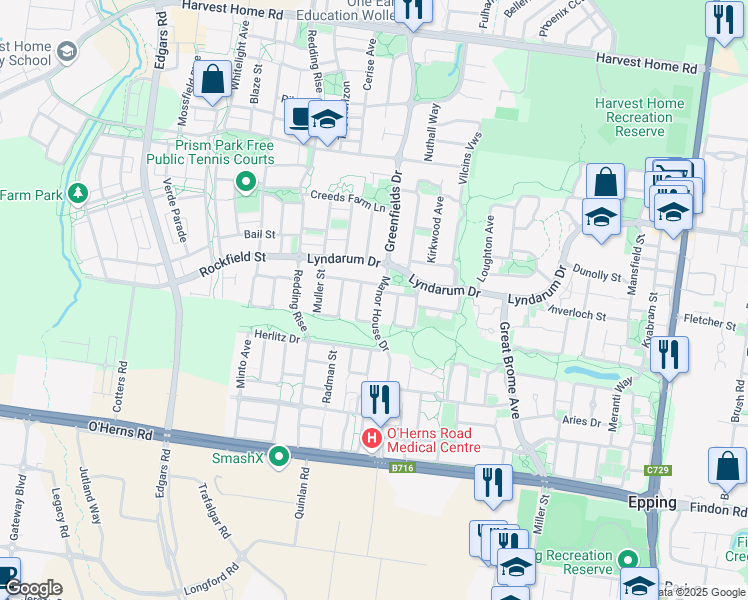 map of restaurants, bars, coffee shops, grocery stores, and more near 16 Manor House Drive in Epping