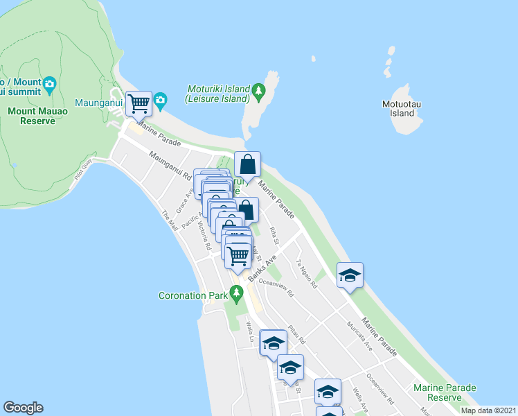 map of restaurants, bars, coffee shops, grocery stores, and more near 17 Rita Street in Tauranga