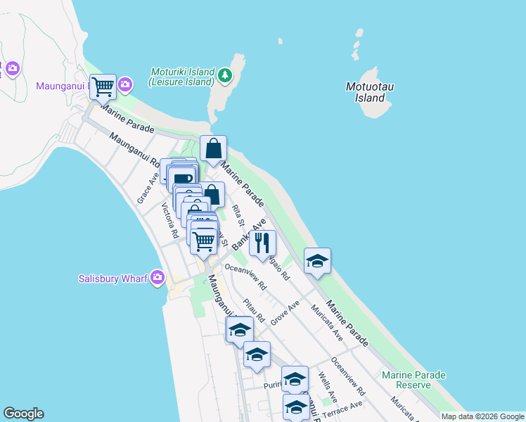 map of restaurants, bars, coffee shops, grocery stores, and more near 48 Marine Parade in Tauranga