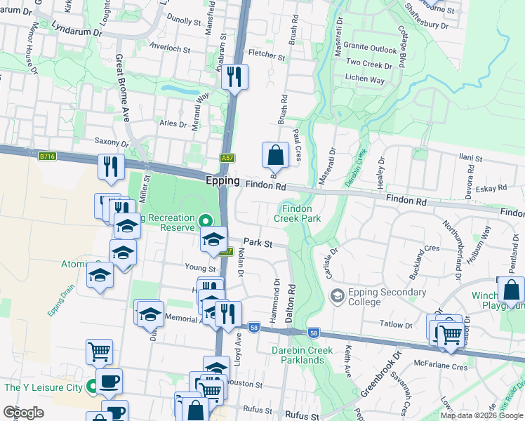 map of restaurants, bars, coffee shops, grocery stores, and more near 10 Sebastion Street in Epping