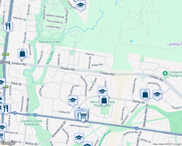 map of restaurants, bars, coffee shops, grocery stores, and more near 64 Pentland Drive in Epping